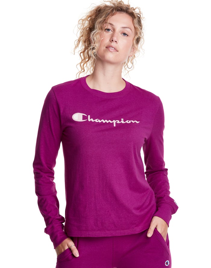 Champion Classic Long-Sleeve Script Logo Kadın Tişört Pembe ( MCOPVQ964 )